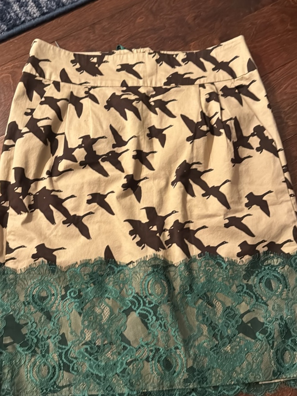leifsdottir Beige Skirt with Dark Brown Bird Print & Green Lace Hem - Picture 2 of 7